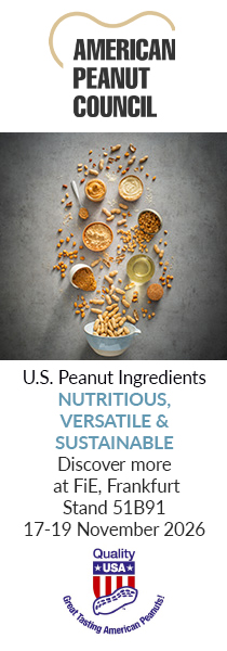 American Peanut Council banner promoting nutritious, versatile and sustainable U.S. peanut ingredients at FiE Frankfurt, 17–19 November 2026.