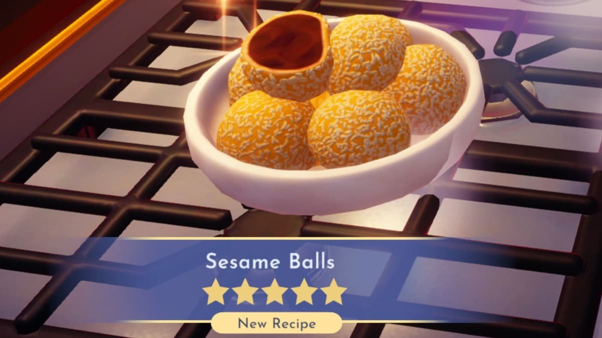 Disney Dreamlight Valley Sesame Balls recipe Disney / Gameloft
</figure>
<p>Sesame Balls are an easy but delicious recipe to cook.</p>
<p>Below are all the 5-star recipes you can make within this cozy game. There are 20 unique meals for you to eat, sell, or gift to other characters, with an additional 16 available to those with the A Rift in Time DLC.</p>
<h2><strong><em>Recipes marked with an * are Eternity Isle DLC exclusive</em></strong></h2>
<h3>Appetizers</h3>
<table><thead><tr><th>Recipe</th>
<th>How To Make It</th></tr></thead>
<tbody><tr><td>Arendellain Pickled Herring</td>
<td>1 Herring, 1 Lemon, 1 Onion, 1 Garlic, 1 Seasoning</td></tr>
<tr><td>Bulgur Salad*</td>
<td>1 Wheat, 1 Cucumber, 1 Tomato, 1 Mint, 1 Spice</td></tr>
<tr><td>Greek Potatoes*</td>
<td>1 Potato, Any Fruit, 1 Garlic, 1 Salt Crystal, Any Spice</td></tr>
<tr><td>Large Seafood Platter</td>
<td>4 Seafood, 1 Lemon</td></tr>
<tr><td>Lightning Bolt*</td>
<td>1 Stygian Mudskipper, 1 Lamprey, 2 Lightning Spice, Any Sweet</td></tr>
<tr><td>Potato Leek Soup</td>
<td>1 Leek, 1 Potato, 1 Milk, 1 Onion, 1 Garlic</td></tr>
<tr><td>Sesame Balls</td>
<td>1 Wheat, 1 Ginger, 1 Rice, 1 Soya, 1 Seaweed</td></tr></tbody></table>
<h3>Entrees</h3>
<table><thead><tr><th>Recipe</th>
<th>How To Make It</th></tr></thead>
<tbody><tr><td>Argossian Pizza*</td>
<td>1 Elysian Grain, 1 Onion, Any Vegetable, 1 Argossian Feta, 1 Olive</td></tr>
<tr><td>Biryani*</td>
<td>1 Poultry, 1 Rice, 1 Cinnamon, 1 Cumin, 1 Mint</td></tr>
<tr><td>Blend of the Bayou*</td>
<td>1 Prisma Shrimp, 1 Rice, Celery, 1 Butter, 1 Spice</td></tr>
<tr><td>Bouillabaisse</td>
<td>2 Seafood, 1 Shrimp, 1 Tomato, 1 Vegetable</td></tr>
<tr><td>Brandade de Morue*</td>
<td>1 Cod, 1 Potato, 1 Milk, 1 Lemon, 1 Garlic</td></tr>
<tr><td>Butter Chicken*</td>
<td>1 Poultry, 1 Tomato, 1 Butter, 1 Lemon, 1 Cumin</td></tr>
<tr><td>Caprese Salad*</td>
<td>Any Vegetable, 1 Argossian Feta, 1 Olive, 1 Salt Crystal, Any Spice</td></tr>
<tr><td>Chimera Skewer*</td>
<td>1 Hippocampus, 1 Trumpet Snail, 1 Flying Fish, Any Fish, 1 Brussel Sprout</td></tr>
<tr><td>Fabulous Fajitas*</td>
<td>1 Poultry, 1 Wheat, 2 Vegetables, 1 Cumin</td></tr>
<tr><td>Fish Creole</td>
<td>1 Fish, 1 Vegetable, 1 Garlic, 1 Rice, 1 Tomato</td></tr>
<tr><td>Flying Fish Quenelle*</td>
<td>1 Flying Fish, 1 Porcini, Any Vegetable, 1 Argossian Feta, Any Protein</td></tr>
<tr><td>Ghostly Fish Steak</td>
<td>1 Asparagus, 1 Bell Pepper, 1 Here and There Fish, 1 Lemon, 1 Oregano</td></tr>
<tr><td>Grecian Fish Bake*</td>
<td>1 Stygian Mudskipper, 1 Elysian Grain, 1 Olive, 1 Salt Crystal, 1 Ambrosia</td></tr>
<tr><td>Greek Pizza</td>
<td>1 Herb, 1 Wheat, 1 Cheese, 1 Tomato, 1 Onion</td></tr>
<tr><td>Greek Salad*</td>
<td>1 Cucumber, 1 Radish, Any Vegetable, 1 Argossian Feta, 1 Olive</td></tr>
<tr><td>Grilled Koi Gyro*</td>
<td>1 Nishikigoi, 1 Wheat, 1 Cucumber, 1 Olive, Any Spice</td></tr>
<tr><td>Gumbo</td>
<td>1 Okra, 1 Shrimp, 1 Chili Pepper, 1 Tomato, 1 Onion</td></tr>
<tr><td>Hawaiian Pizza*</td>
<td>1 Pork, 1 Wheat, 1 Tomato, 1 Cheese, 1 Pineapple</td></tr>
<tr><td>Hippocampus Cepelinai Dumplings*</td>
<td>1 Hippocampus, 1 Onion, 1 Potato, 1 Spiral Strawberry, 1 Black Pepper</td></tr>
<tr><td>Lancetfish Paella</td>
<td>1 Lancetfish, 1 Shrimp, 1 Seafood, 1 Tomato, 1 Rice</td></tr>
<tr><td>Lobster Roll</td>
<td>1 Lobster, 1 Butter, 1 Wheat, 1 Lemon, 1 Garlic</td></tr>
<tr><td>Meaty Taco*</td>
<td>1 Venison, 1 Chili Pepper, 1 Corn, 1 Vegetable, 1 Cumin</td></tr>
<tr><td>Mediterranean Salad</td>
<td>1 Cucumber, 1 Tomato, 1 Onion, 1 Spice, 1 Lettuce</td></tr>
<tr><td>Mushu’s Congee</td>
<td>1 Rice, 1 Egg, 1 Ginger, 1 Garlic, 1 Mushroom</td></tr>
<tr><td>Mussel Risotto*</td>
<td>1 Mussel, 1 Rice, 1 Olive, 1 Garlic, Any Spice</td></tr>
<tr><td>Rainbouillabaisse*</td>
<td>1 Prisma Shrimp, 1 Seafood, 1 Rainbow Trout, 1 Tomato, 1 Vegetable</td></tr>
<tr><td>Ranch Salad</td>
<td>1 Lettuce, 1 Tomato, 1 Corn, 1 Bell Pepper, 1 Onion</td></tr>
<tr><td>Ratatouille</td>
<td>1 Tomato, 1 Eggplant, 1 Zucchini, 1 Onion, 1 Herb</td></tr>
<tr><td>Roasted Barley and Veggies*</td>
<td>1 Barley, 1 Brussel Sprout, 1 Onion, Any Vegetable, 1 Argossian Feta</td></tr>
<tr><td>Royal Burger*</td>
<td>1 Pork, 1 Venison, 1 Wheat, 1 Vegetable, 1 Cheese</td></tr>
<tr><td>Sand Stew*</td>
<td>1 Dunebopper, 1 Sand Fish, 1 Vegetable, 1 Sand Worm, 1 Spice</td></tr>
<tr><td>Shawarma*</td>
<td>1 Venison, 1 Rice, 1 Lemon, 1 Garlic, 1 Cinnamon</td></tr>
<tr><td>Shish Taouk*</td>
<td>1 Poultry, 1 Rice, 1 Lemon, 1 Garlic, 1 Oregano</td></tr>
<tr><td>Spanakopita*</td>
<td>1 Onion, 1 Spinach, 1 Argossian Feta, 1 Garlic, Any Spice</td></tr>
<tr><td>Sweet and Sour Stir-Fry*</td>
<td>1 Poultry, 1 Broccoli, 1 Canola, 1 Dramango, 1 Pineapple</td></tr>
<tr><td>Teriyaki Salmon</td>
<td>1 Salmon, 1 Soya, 1 Rice, 1 Ginger, 1 Sugarcane</td></tr>
<tr><td>Tuna Burger</td>
<td>1 Tuna, 1 Lemon, 1 Onion, 1 Wheat, 1 Vegetable</td></tr>
<tr><td>Vegetarian Pizza</td>
<td>2 Vegetables, 1 Tomato, 1 Cheese, 1 Wheat</td></tr></tbody></table>
<h3>Dessert</h3>
<table><thead><tr><th>Recipe</th>
<th>How To Make It</th></tr></thead>
<tbody><tr><td>Aurora’s Cake</td>
<td>1 Raspberry, 1 Wheat, 1 Sugarcane, 1 Egg, 1 Milk</td></tr>
<tr><td>Banana Split</td>
<td>1 Slush Ice, 1 Banana,1 Milk, 1 Sugarcane, 1 Sweet</td></tr>
<tr><td>Birthday Cake</td>
<td>1 Wheat, 1 Sugarcane, 1 Egg, 1 Butter, 1 Cocoa Bean</td></tr>
<tr><td>Gingerbread House</td>
<td>1 Wheat, 1 Ginger, 1 Sugarcane, 1 Vanilla, 1 Egg</td></tr>
<tr><td>Mermaid Cupcake</td>
<td>1 Milk, 1 Wheat, 1 Butter, 1 Sugarcane, 1 Scallop</td></tr>
<tr><td>Merryweather’s Gingersnaps</td>
<td>1 Faerie Rye, 1 Shovelbird Egg, 1 Ginger, 1 Nutmeg, 1 Sour Berries</td></tr>
<tr><td>Minnie Cupcake</td>
<td>1 Milk, 1 Wheat, 1 Butter, 1 Sugarcane, 1 Apple</td></tr>
<tr><td>Pastry Cream and Fruits</td>
<td>3 Fruits, 1 Sugarcane, 1 Milk</td></tr>
<tr><td>Princess Aurora Raspberry Cupcake</td>
<td>1 Milk, 1 Wheat, 1 Butter, 1 Sugarcane, 1 Raspberry</td></tr>
<tr><td>Spaceship Earth Cupcake</td>
<td>1 Milk, 1 Wheat, 1 Butter, 1 Sugarcane, 1 Coconut</td></tr>
<tr><td>Red Velvet*</td>
<td>1 Wheat, 1 Cheese, 1 Egg, 1 Cocoa Bean, 1 Vanilla</td></tr>
<tr><td>Spiky Berry Pie*</td>
<td>1 Wheat, 1 Butter, 1 Cactoberry, 1 Strawberry, 1 Spice</td></tr>
<tr><td>Spring Egg Bowl</td>
<td>1 Cocoa Bean, 1 Egg-celent Fruit, 1 Spring V-EGG-etable, 1 Sugarcane, 1 Wild Spring Egg</td></tr>
<tr><td>Stitch Cupcake</td>
<td>1 Milk, 1 Wheat, 1 Butter, 1 Sugarcane, 1 Blueberry</td></tr>
<tr><td>Underworld Cake*</td>
<td>1 Faerie Rye, 1 Shovelbird Egg, 1 Yogurt, 1 Nutmeg, 1 Ambrosia</td></tr>
<tr><td>Wedding Cake</td>
<td>1 Wheat, 1 Butter, 1 Egg, 1 Sugarcane, 1 Vanilla</td></tr></tbody></table>
<p>While you’re cooking up your next 5-star dish, be sure to check out how to get hold of Meat from Gaston, or how to unlock Tiana so you can open up her restaurant too. Alternatively, check out our guide on the current Star Path to see all you can unlock.</p></div>